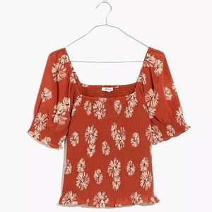 NWOT Madewell Georgette Lucie Puff-Sleeve Smocked Bodice Top